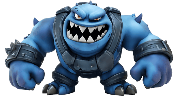 A menacing, blue, cartoonish, armored figure, displaying an aggressive expression. png