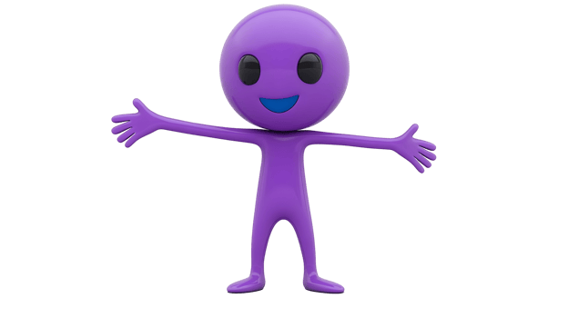 Purple cartoon figure with outstretched arms, smiling and welcoming. png