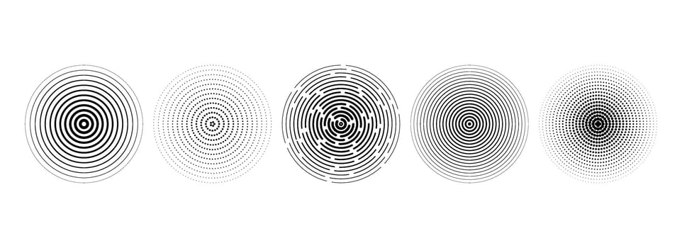 Black concentric circle set. Dotted and dashed round sound wave collection. Epicenter, target, radar, sonar icon concept. Radial radio signal or vibration element pack. Linear halftone symbols vector