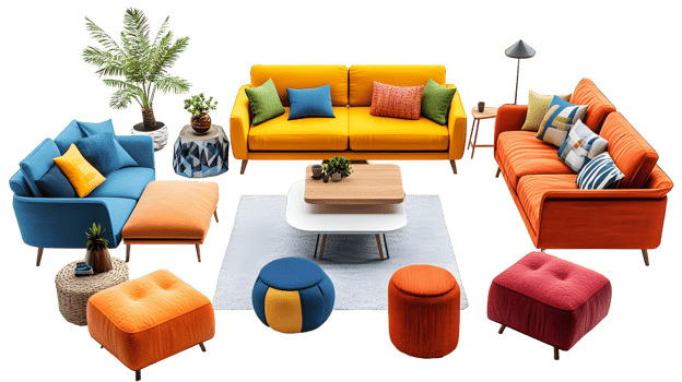 Vibrant multicolored living room furniture arrangement with various accent pieces. png