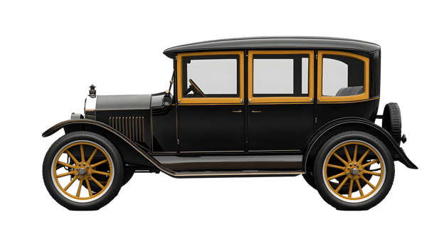 Vintage black touring car with gold trim, side view. png