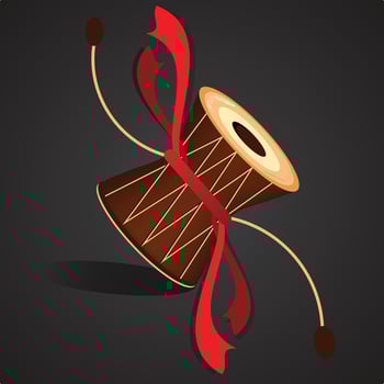 A stylized illustration of a traditional Indian percussion instrument known as the Dugdugi or Damru, often used in folk music and spiritual rituals.Red ribbons and two beaters attached to its side vector