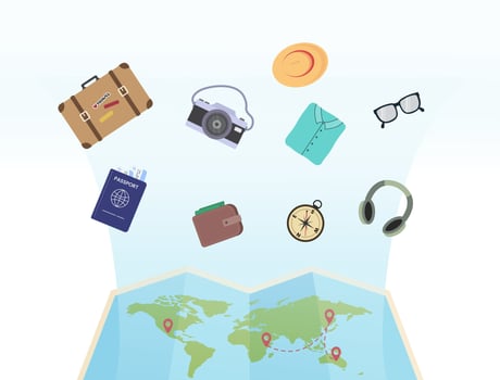 Travel preparation illustration. Back to travel, time for vacation. Travel Icons Collection. Vacation and Tourism Concept. Flat Cartoon Illustration vector