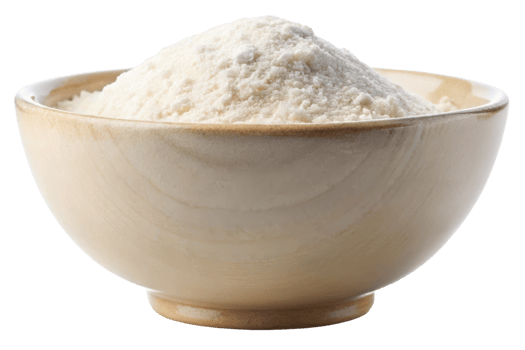 Rustic wooden bowl containing finely ground white baking flour png