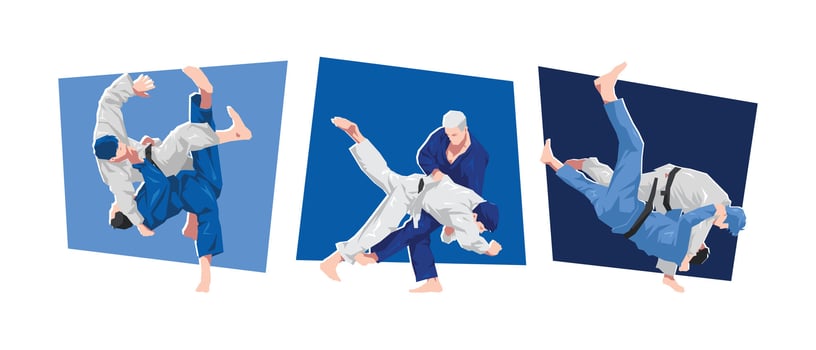 Male judoka athlete characters. Martial arts, sport, competition theme. Cartoon flat illustration. vector