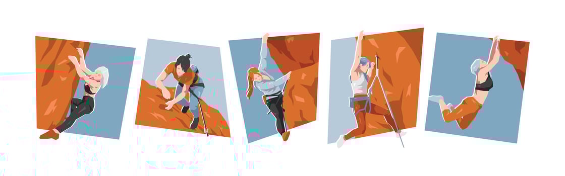 Rock climbing. Female athlete characters. Extreme sport, mountaineering. Flat illustration. vector