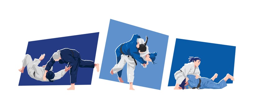 Female judoka athlete characters. Martial arts, sport, competition theme. Cartoon flat illustration. vector
