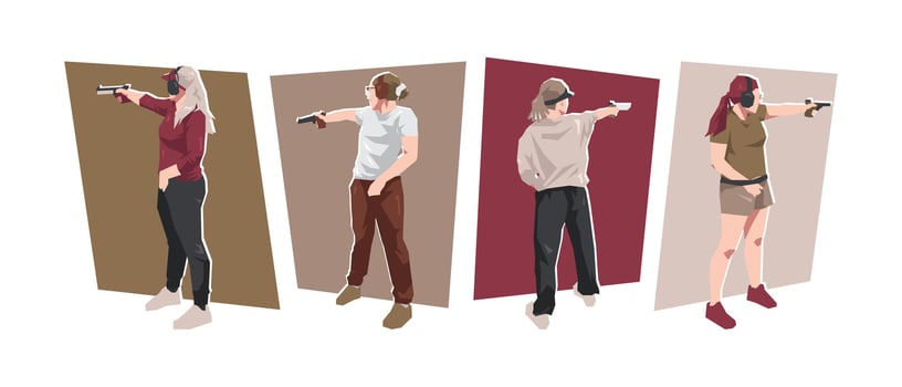 Pistol shooting female athlete character set. Air pistol, handgun, shooting competition. Flat illustration. vector
