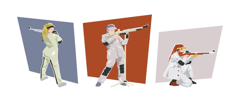 Rifle shooting female athlete character set. Competition, shooting sport. Flat illustration. vector