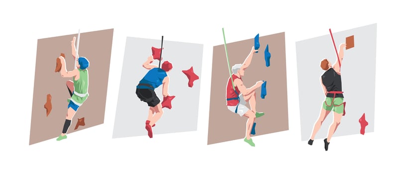 Speed climbing. Male athlete characters. Extreme sport, climbing. Flat illustration. vector