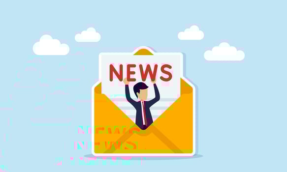 businessman emerging from an envelope filled with documents while lifting a text labeled NEWS, illustration of email broadcast related to news for customers vector