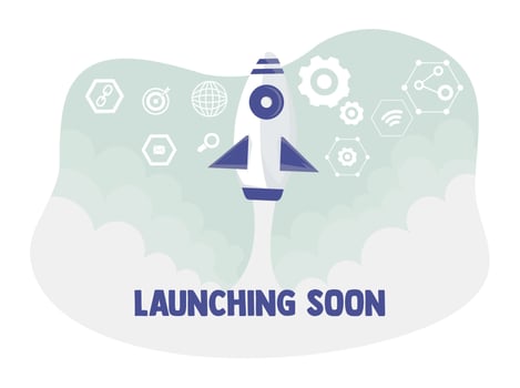 Project announcement banner with rocket launch. vector