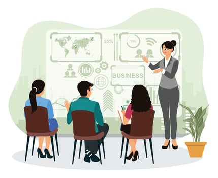 Businesswoman discussing with team or colleagues about work project in meeting room. vector