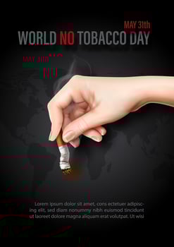 Poster campaign of world no tobacco day with human hand holding stub, wording of event and example texts on world map and black background. vector