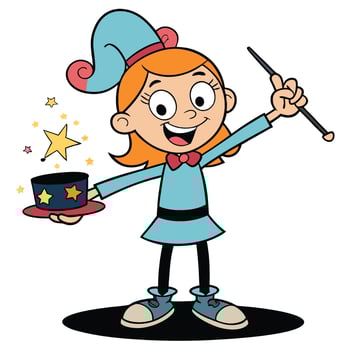 Cartoon girl magician with magic wand and hat stars illustration vector