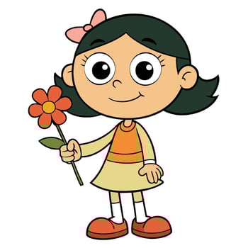 Cartoon girl holding a flower with a bow in her hair smiling vector