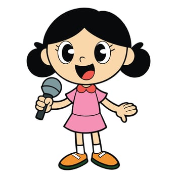 Cute cartoon girl holding microphone singing song or giving speech vector