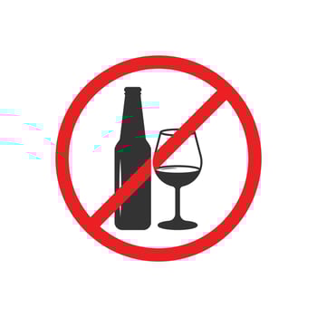 No alcohol sign related icon. Bottle of wine and glass in prohibitory sign. Isolated on white background. Editable illustration vector