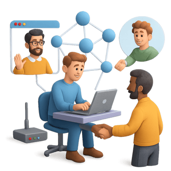 Two men are talking on a laptop and one is shaking hands with another png