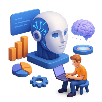A man sitting on a laptop with an artificial head and a brain png