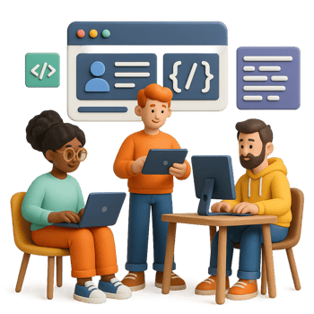 Three people sitting at a table with laptops and a computer png