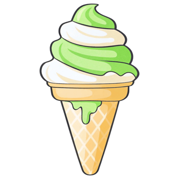 Swirled green and white ice cream in a waffle cone, dripping slightly, set against a black background. png