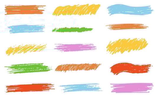 Crayon underline stroke brush mark, grunge textured hand-drawn sketch border, divider. Pastel colored scribble highlight charcoal rough vector