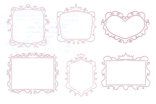 Princess pink frame sketch with crown swirl decorations. Simple doodle hand drawn border. Whimsical elegant vintage. vector