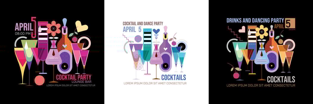 Three options of a Cocktail Party poster designturing a modern cocktail composition isolated on a white and on a black backgrounds. vector