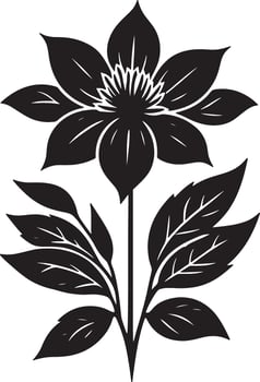 A black and white illustration of a flower with leaves on a white background in a simple style vector