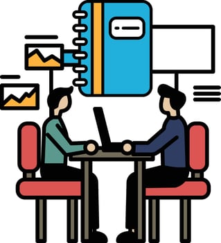 Two men sitting at a table with a blue book in front of them vector