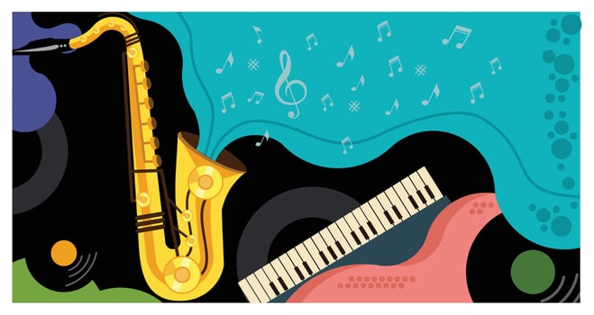 Music festival poster or banner with saxophone, piano and musical notes decoration. vector