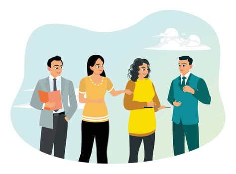 A group of young men and women chat together outdoors. vector