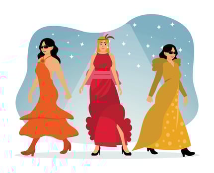 Three female models strut their stuff on the catwalk in elegant dresses. vector