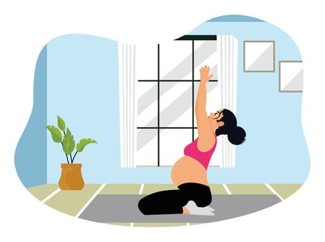 Pregnant woman practicing yoga in the comfort of home. vector