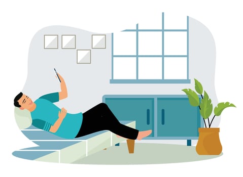 Young man spends time at home playing with smartphone. vector