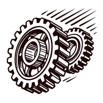 Engraving of interlocking mechanical gears in motion symbolizing industrial innovation and engineering precision vector