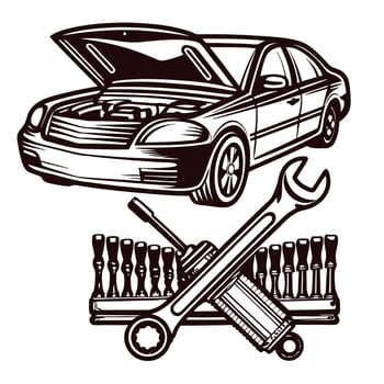 Open car hood with tools for automotive repair and maintenance vector