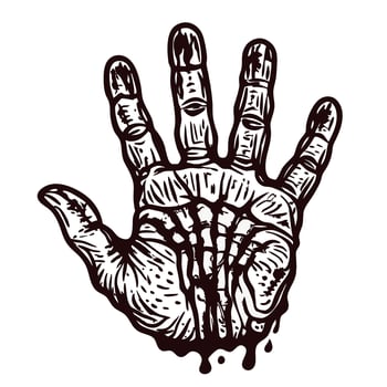 Illustrated skeleton hand with artistic details and dripping effect in black and white design vector