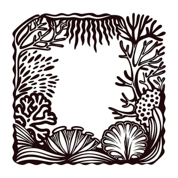 Intricate coral reef border design featuring marine plants and shells in black and white vector