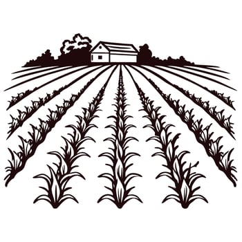 Rural farmland with rows of crops and barn in black and white silhouette vector