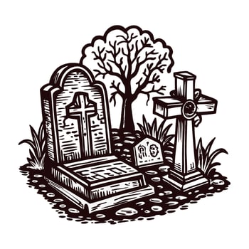 Historic cemetery with tombstones and bare tree in serene black and white vector
