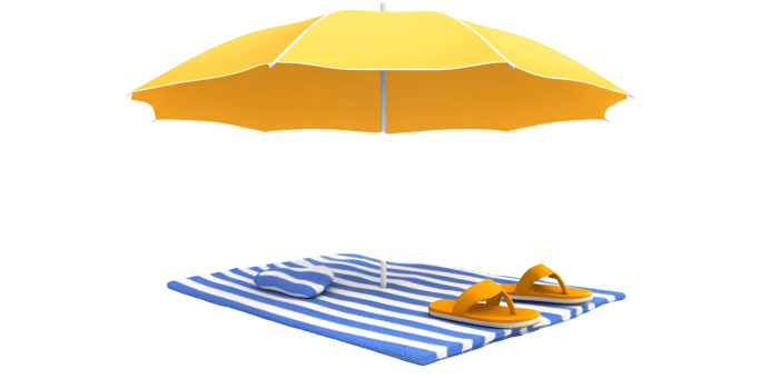 Summer beach scene with yellow umbrella, striped towel, pillow, and flipflops on a transparent background Concept of vacation, relaxation, and summertime png