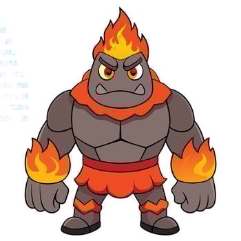 Cartoon stone monster character with fiery hair and accessories standing confidently vector