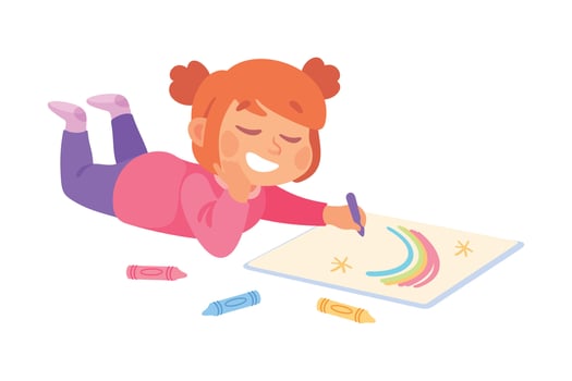 Little Girl Drawing Pictures with Color Pencil on Paper Illustration vector