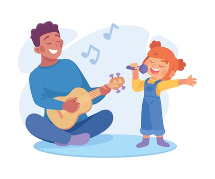 Man Parent with His Daughter Play Guitar and Singing as Home Activity Illustration vector