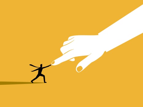 Fighting against supernatural powers, Businessman pushing giant hand. vector