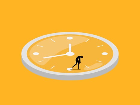 Sad businessman walks with his head down, while walking along the path and time vector