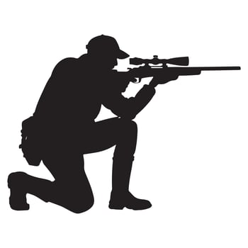 Silhouette of Hunter Aiming with Rifle on White Backdrop vector