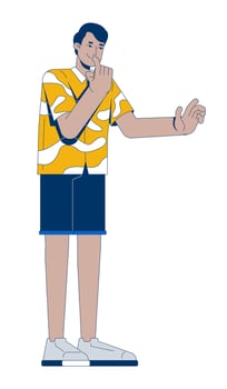 Thoughtful indian man in casual summer outfit 2D cartoon character. Thinking south asian guy in patterned shirt planning vacation flat person isolated on white. Spot illustration colorful vector